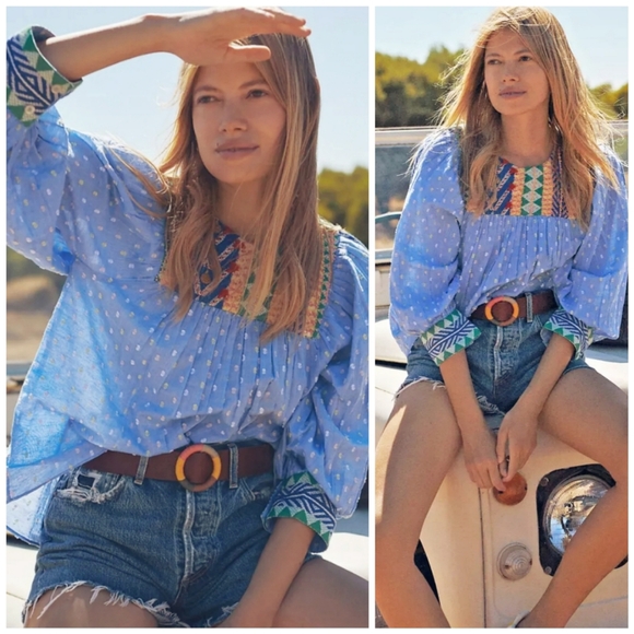 Anthropologie Tops - Anthro Verb by Pallavi Embroidered Swiss Dot Boho Blue Top